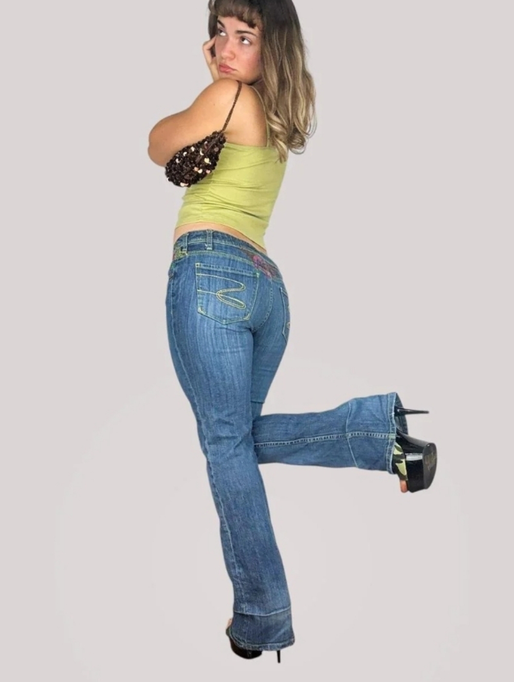 Embellished Low-Rise Bootcut Jeans in Blue
